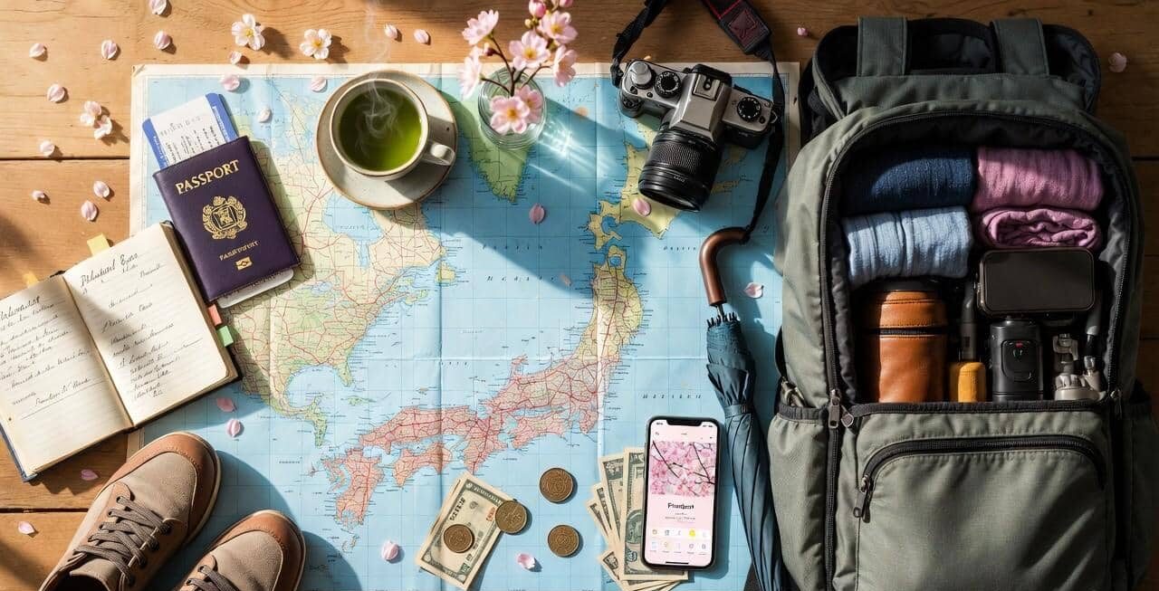 Top-down flat lay of Japan travel essentials including passport, map, camera, backpack, matcha tea, and cherry blossom petals on wooden table