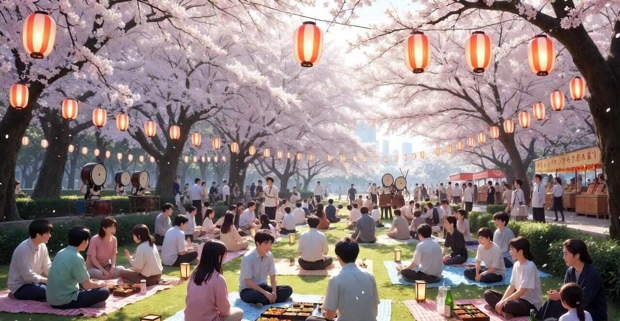 Groups of people enjoying Hanami picnics on blue mats under cherry blossom trees with glowing red paper lanterns and food stalls in a Tokyo park
