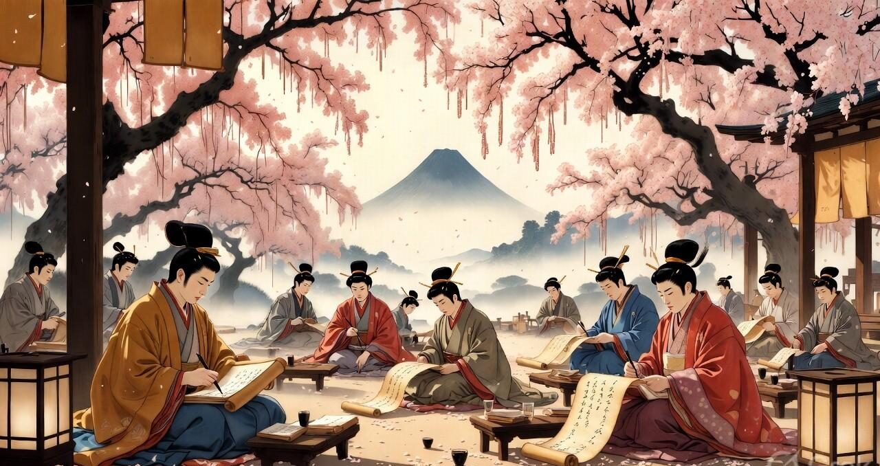 Heian-era Japanese court nobles in colorful robes writing poetry on scrolls beneath blooming sakura trees with Mount Fuji in the background 
