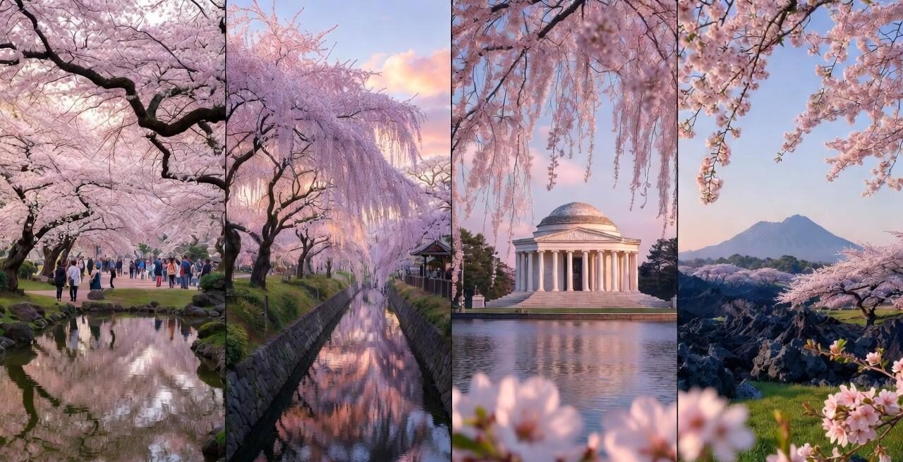 Four-panel collage of the best cherry blossom locations including Ueno Park Tokyo, Philosophers Path Kyoto, Jefferson Memorial Washington DC, and Jeju Island Korea