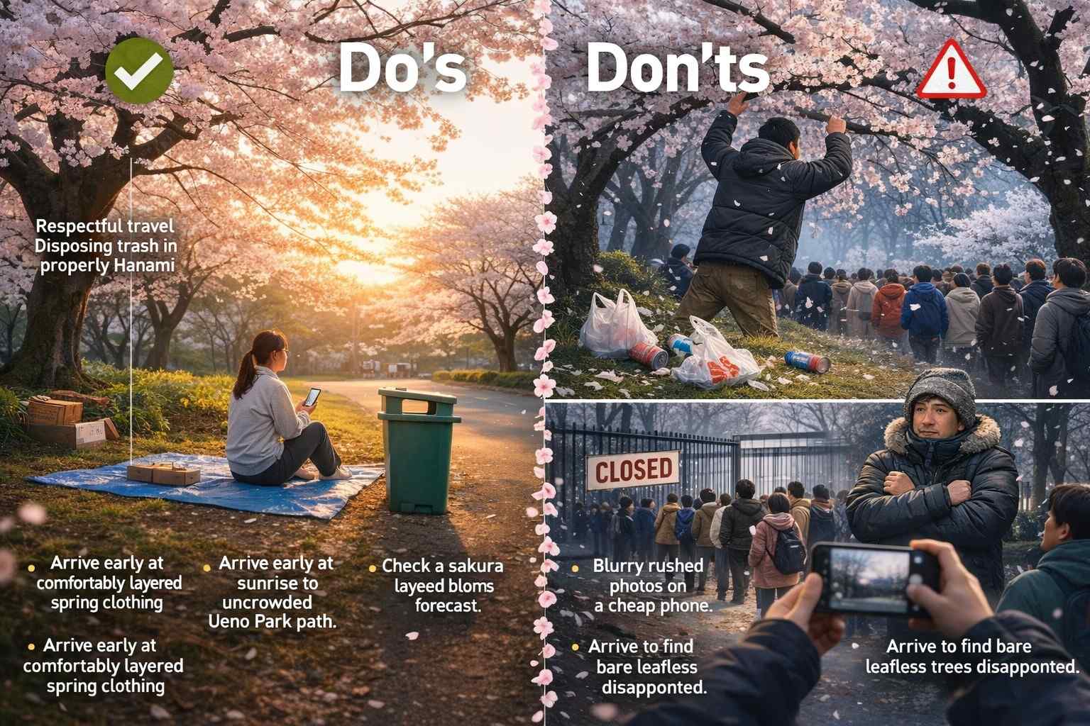 Split-screen Do's and Don'ts infographic for cherry blossom festival etiquette showing respectful Hanami practices versus common tourist mistakes