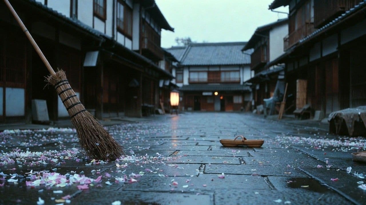 Empty Kyoto street with broom sweeping flower petals after Gion Matsuri parade morning