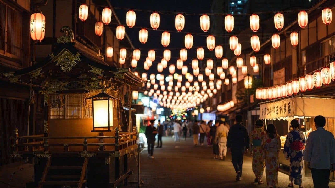 Gion Matsuri yoiyama evening street lit with paper lanterns people in yukata Kyoto