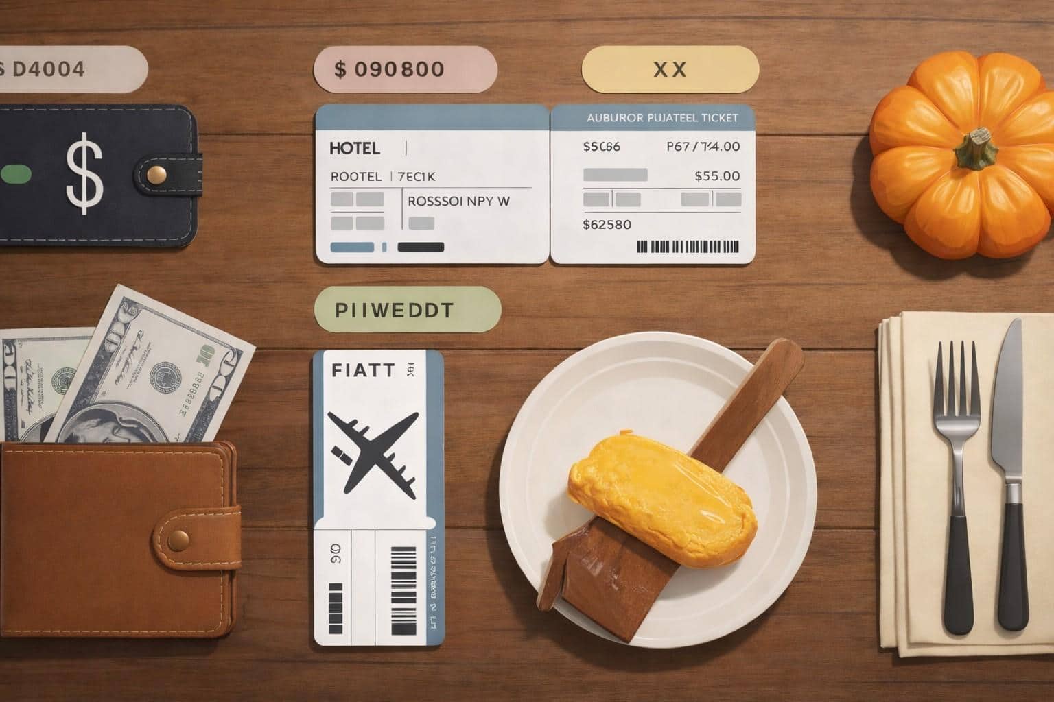 Thanksgiving travel guide 2026 budget breakdown showing wallet with dollars, hotel card, flight ticket, pumpkin and dinner plate on wooden surface