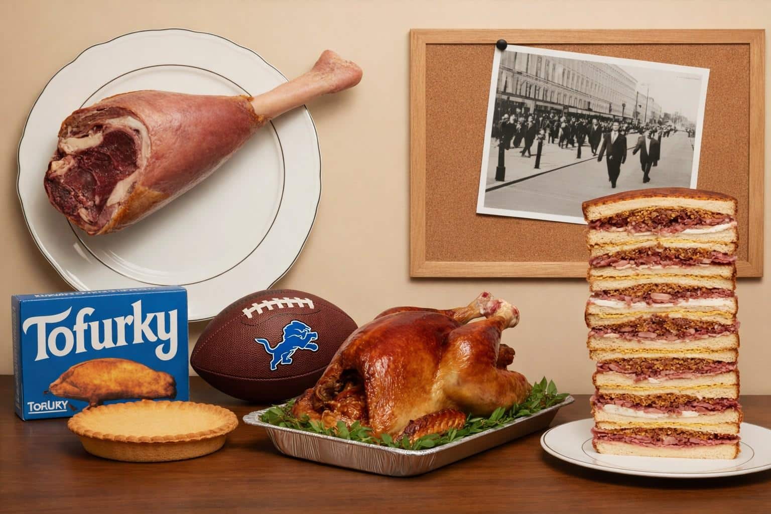  Thanksgiving travel guide 2026 surprising facts — Tofurky box, Detroit Lions football, giant turkey leg, leftover sandwich and vintage parade photo on display