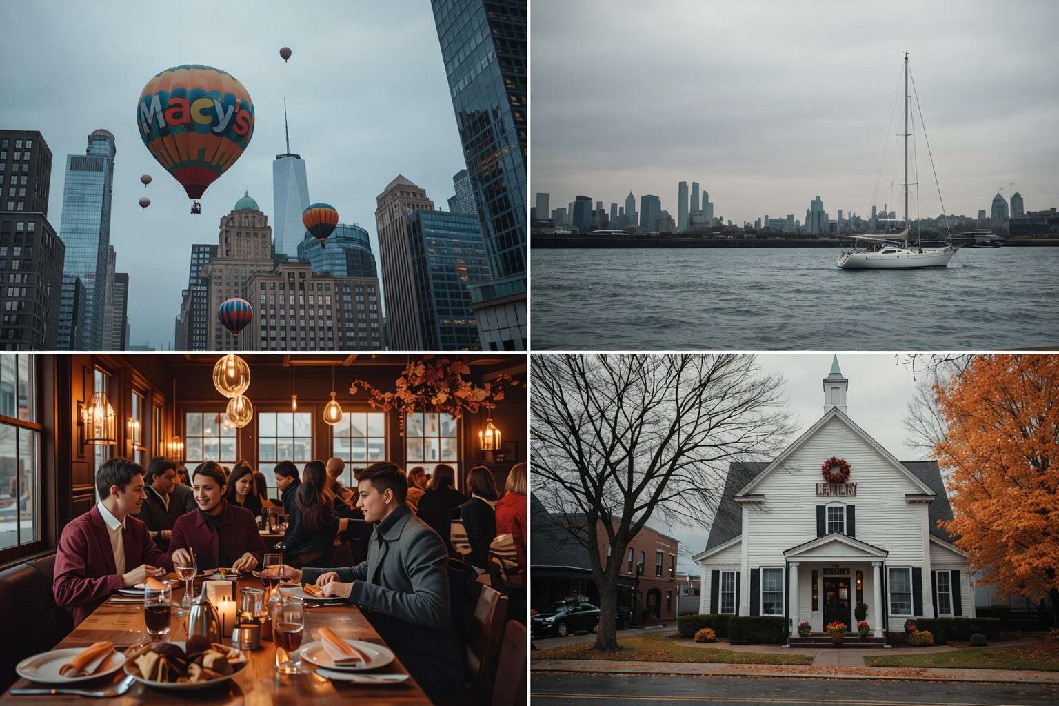 Best places to see Thanksgiving 2026 — Macy's parade balloons over New York City, Plymouth Harbor sailboat, cozy restaurant dinner, Midwest small town church in autumn