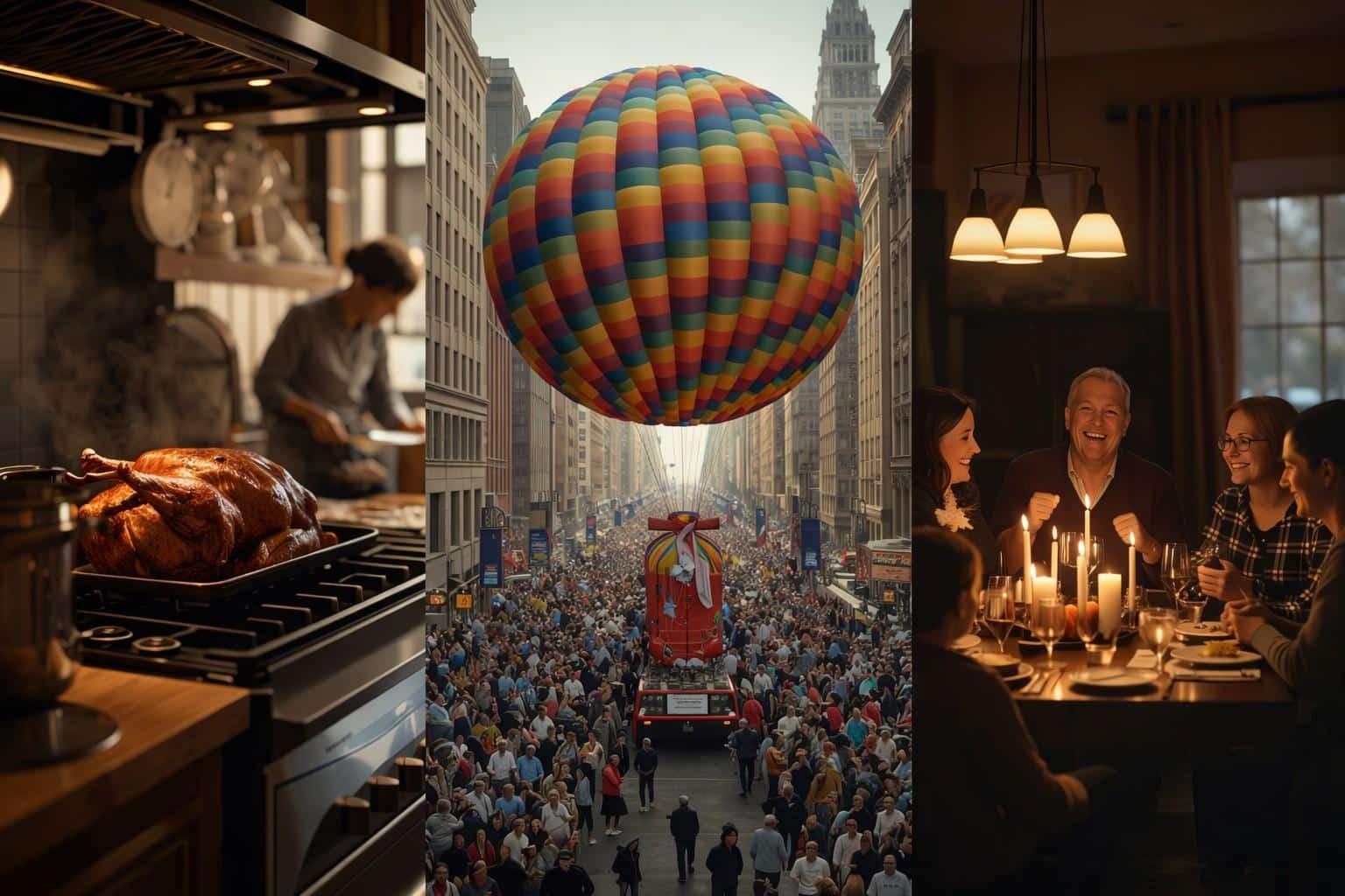 What actually happens at Thanksgiving day by day — morning kitchen turkey roasting, Macy's parade giant balloon over NYC crowd, family dinner by candlelight
