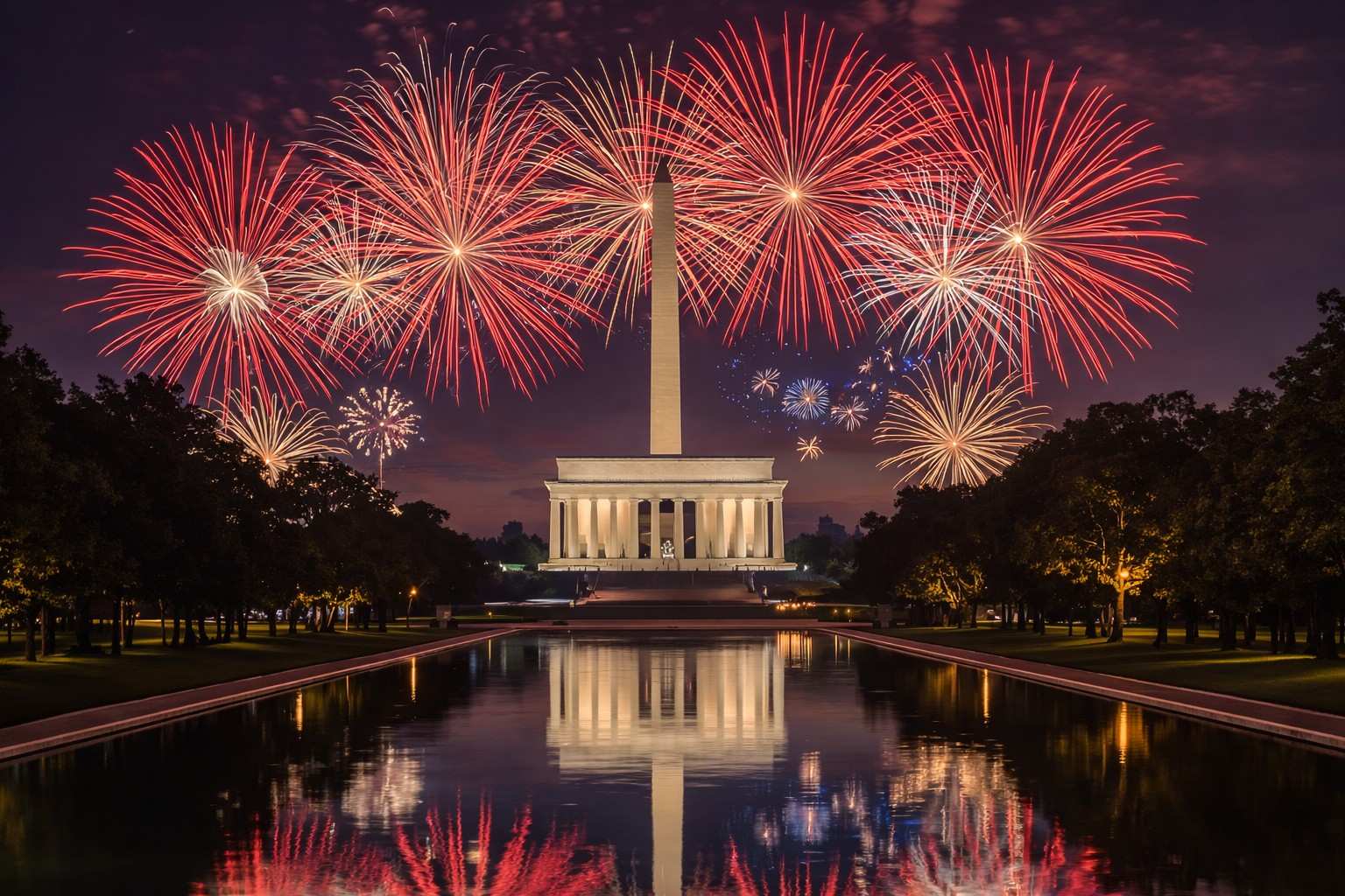 Spectacular Independence Day fireworks exploding over the Washington Monument and Lincoln Memorial reflecting pool in Washington DC – fourth of july travel guide 2026