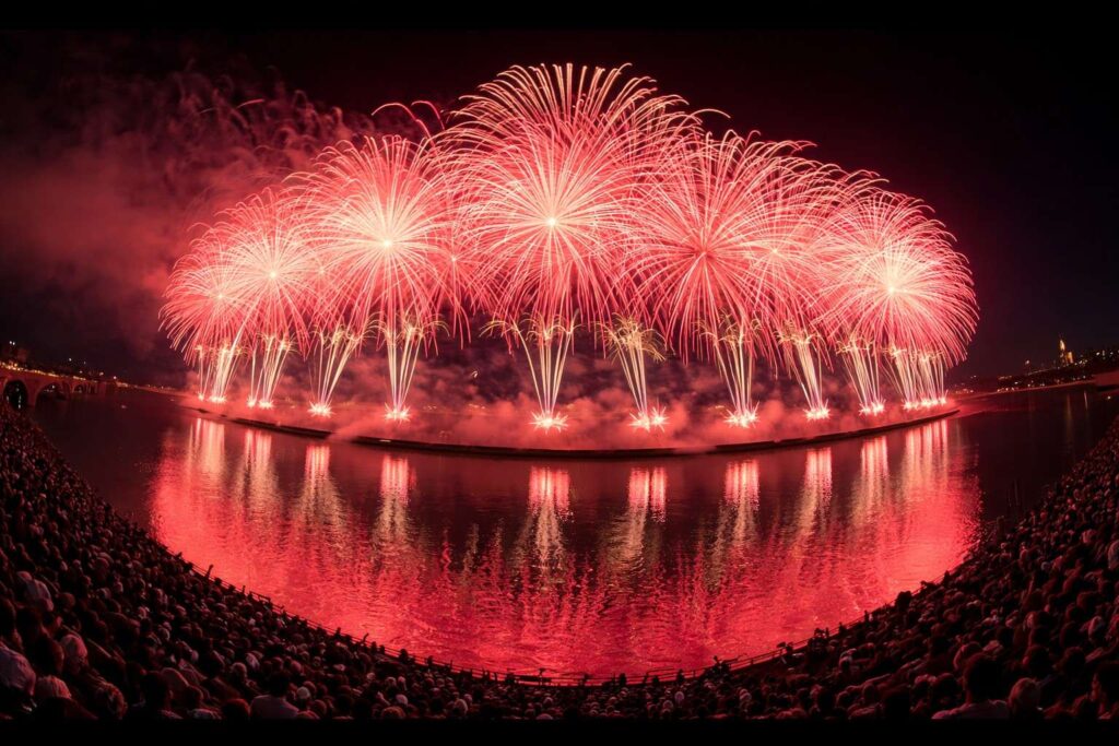 Grand panoramic fireworks display over a river with reflections on water and crowd watching from the shoreline – fourth of july travel guide 2026