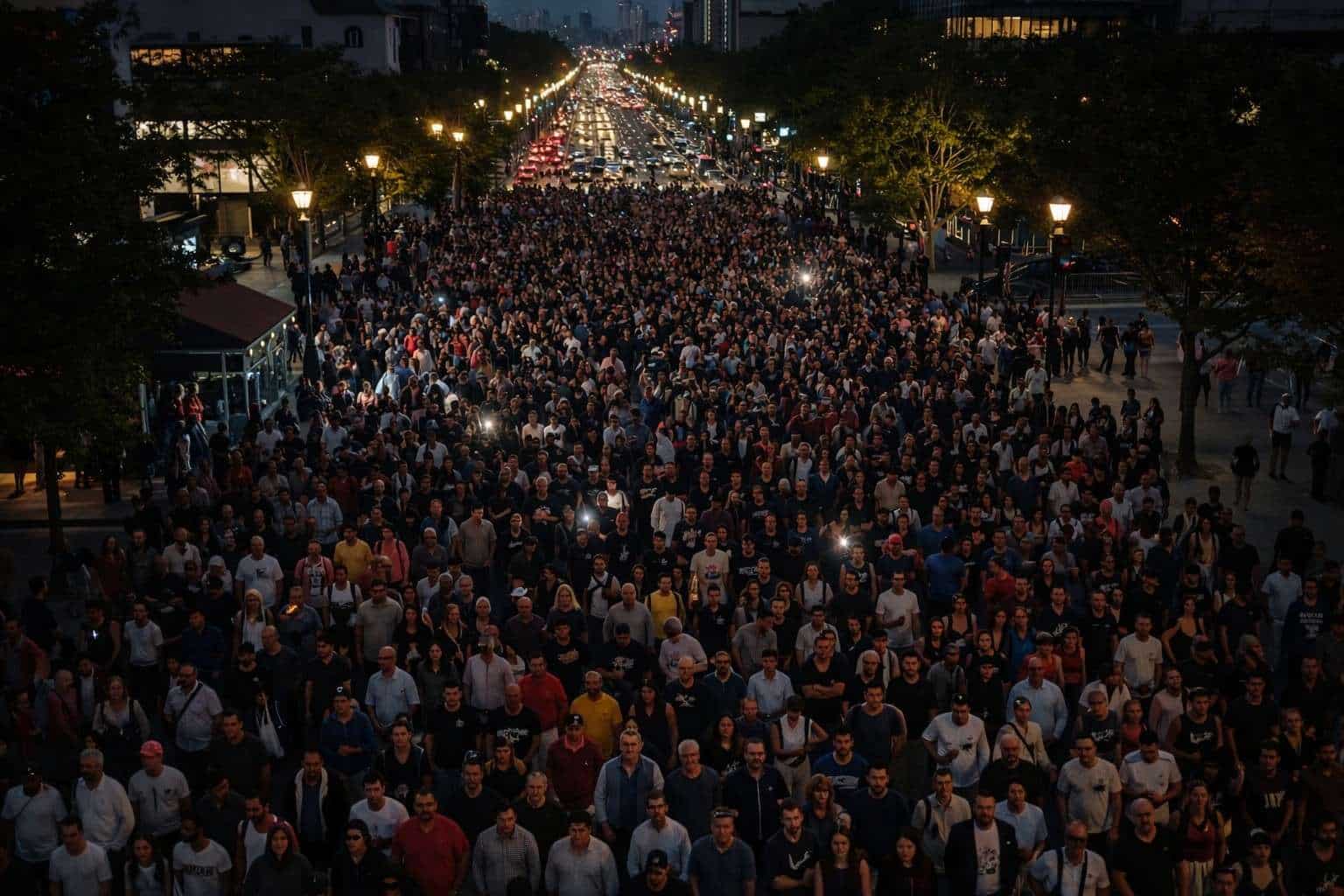 Massive crowd walking through a city street at night during Independence Day celebrations with streetlights and traffic in the background – fourth of july travel guide 2026