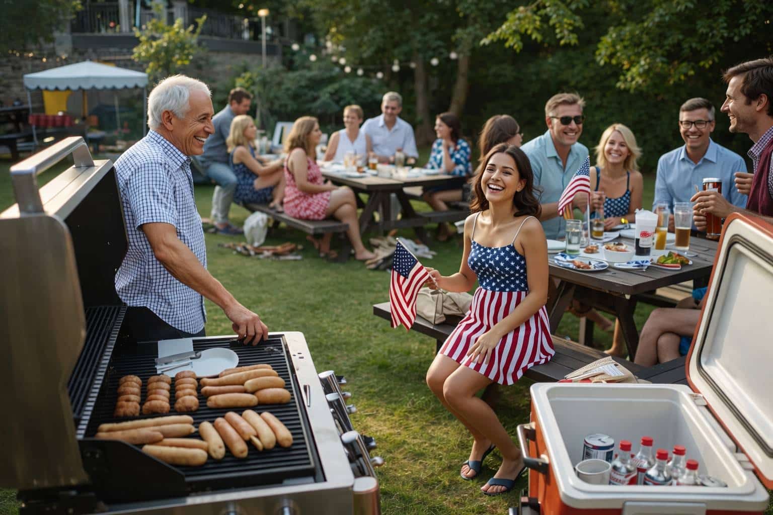 Friends and family enjoying a backyard barbecue party with grilled hot dogs and American flags during Independence Day celebration – fourth of july travel guide 2026