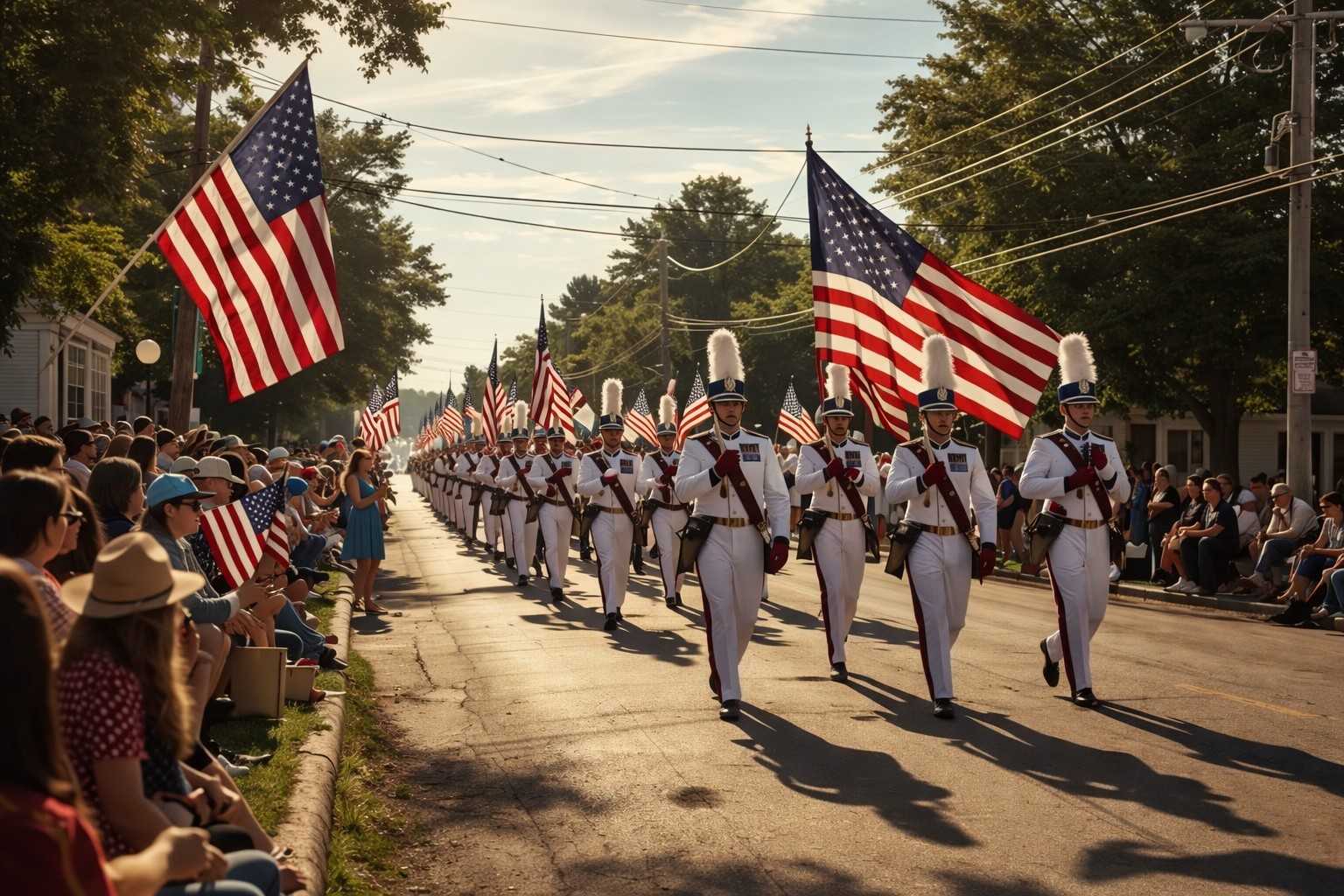 Patriotic Fourth of July parade with marching band and American flags moving through a small town street lined with spectators – fourth of july travel guide 2026