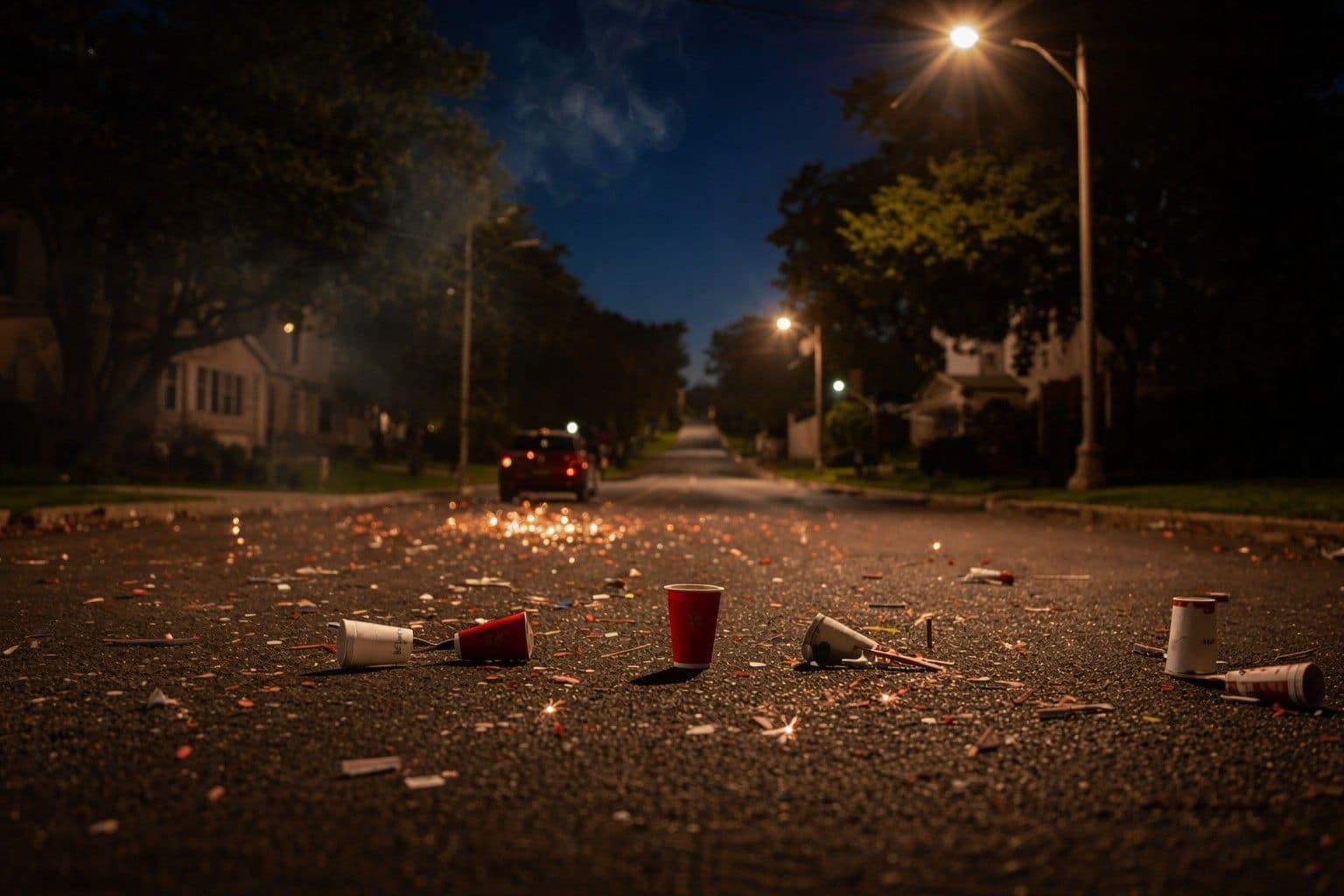 Quiet residential street at night after Fourth of July fireworks celebration with scattered cups, sparklers and glowing streetlights – fourth of july travel guide 2026