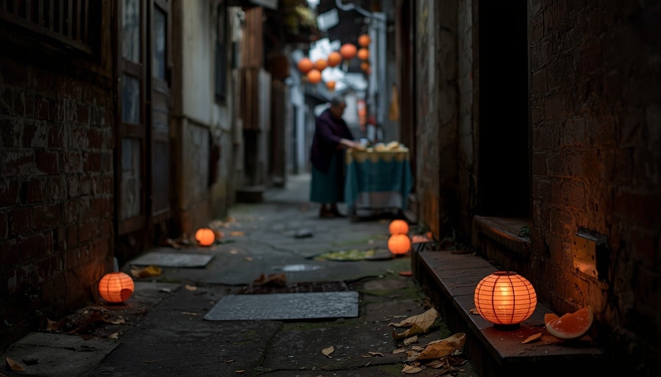 Quiet alleyway after Mid-Autumn Festival with glowing red paper lanterns on the ground, fallen leaves, a pomelo slice on a step, and an elderly woman folding a tablecloth in the background