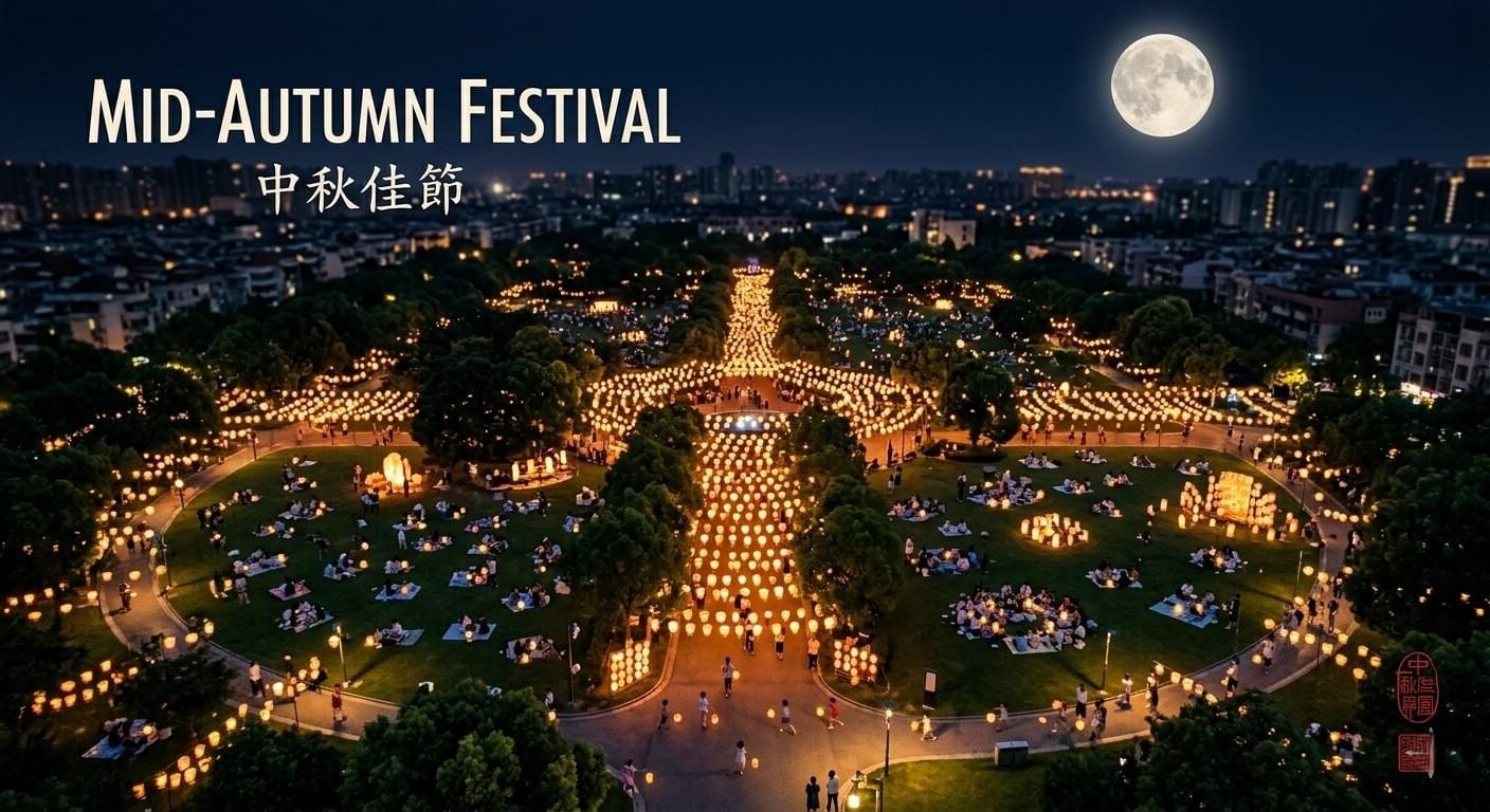 Aerial drone view of Mid-Autumn Festival celebration with thousands of glowing lanterns arranged in a park at night, families gathered on grass, and a full moon in the dark sky above the city