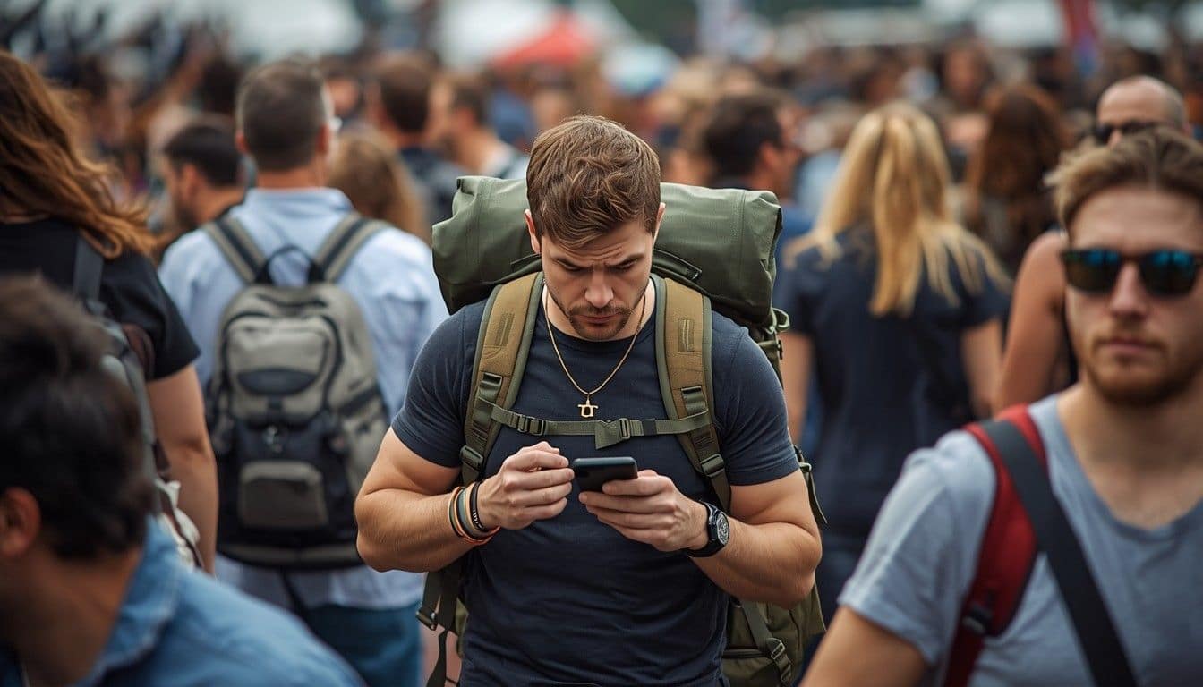 Confused tourist with a large backpack checking his phone in a dense festival crowd, surrounded by people moving confidently around him