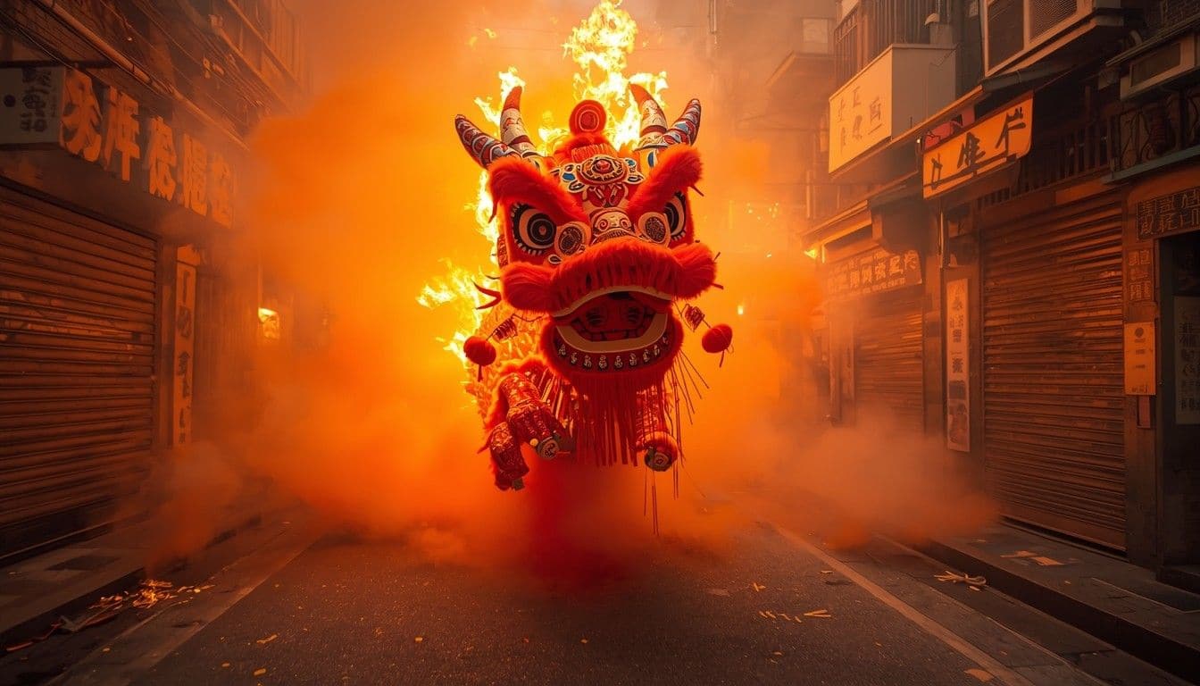 Fire dragon dance in a narrow Hong Kong street at night with a large red dragon costume surrounded by orange flames and thick smoke filling the alleyway