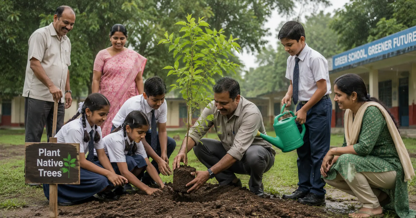 Students and adults planting native neem tree during Van Mahotsav week in India