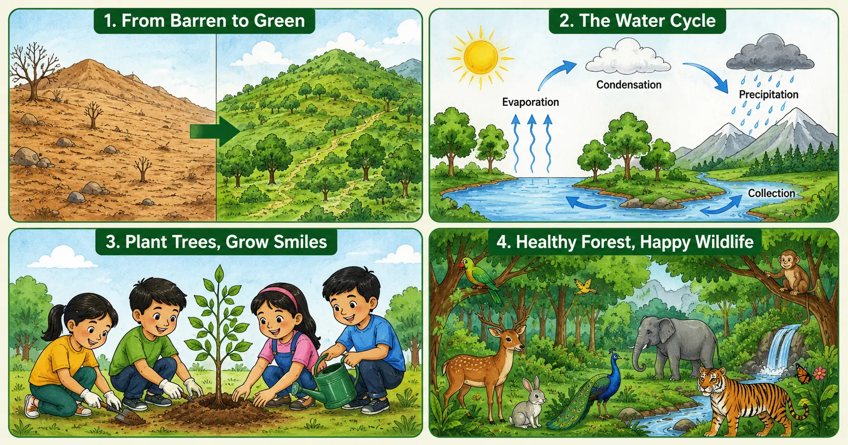 Van Mahotsav drawing ideas for students — 4 themes including water cycle and forest animals
