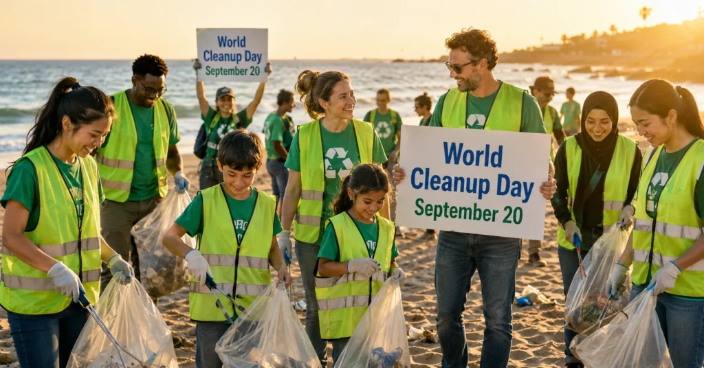 Volunteers cleaning up a beach on World Cleanup Day 2026