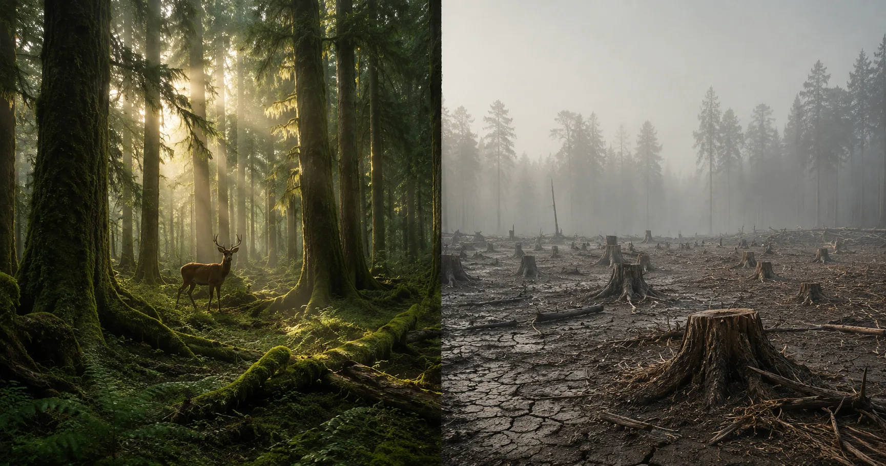 World Nature Conservation Day - forest conservation vs deforestation realistic photo illustration