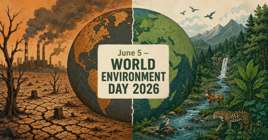 World Environment Day 2026 - June 5 split Earth illustration showing environmental contrast