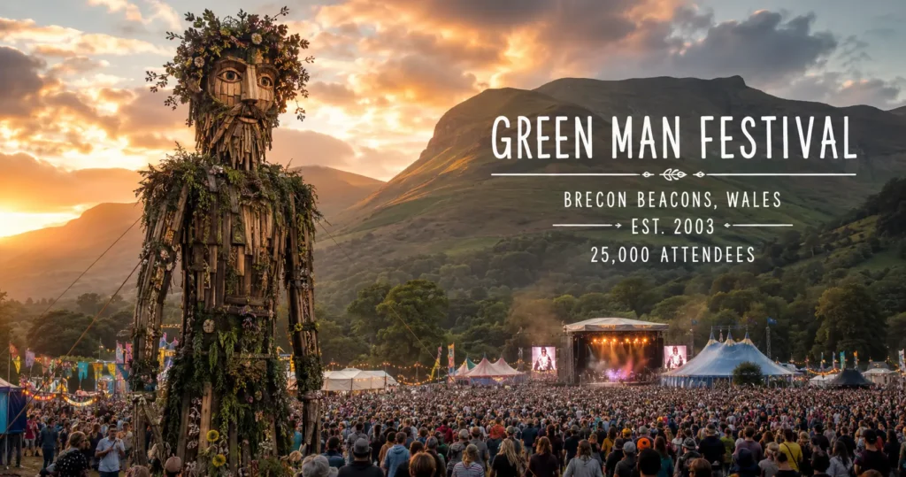 Green Man Festival crowd and effigy at Brecon Beacons Wales