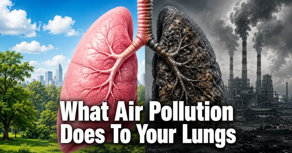 Healthy lung vs damaged lung from air pollution — side by side comparison infographic