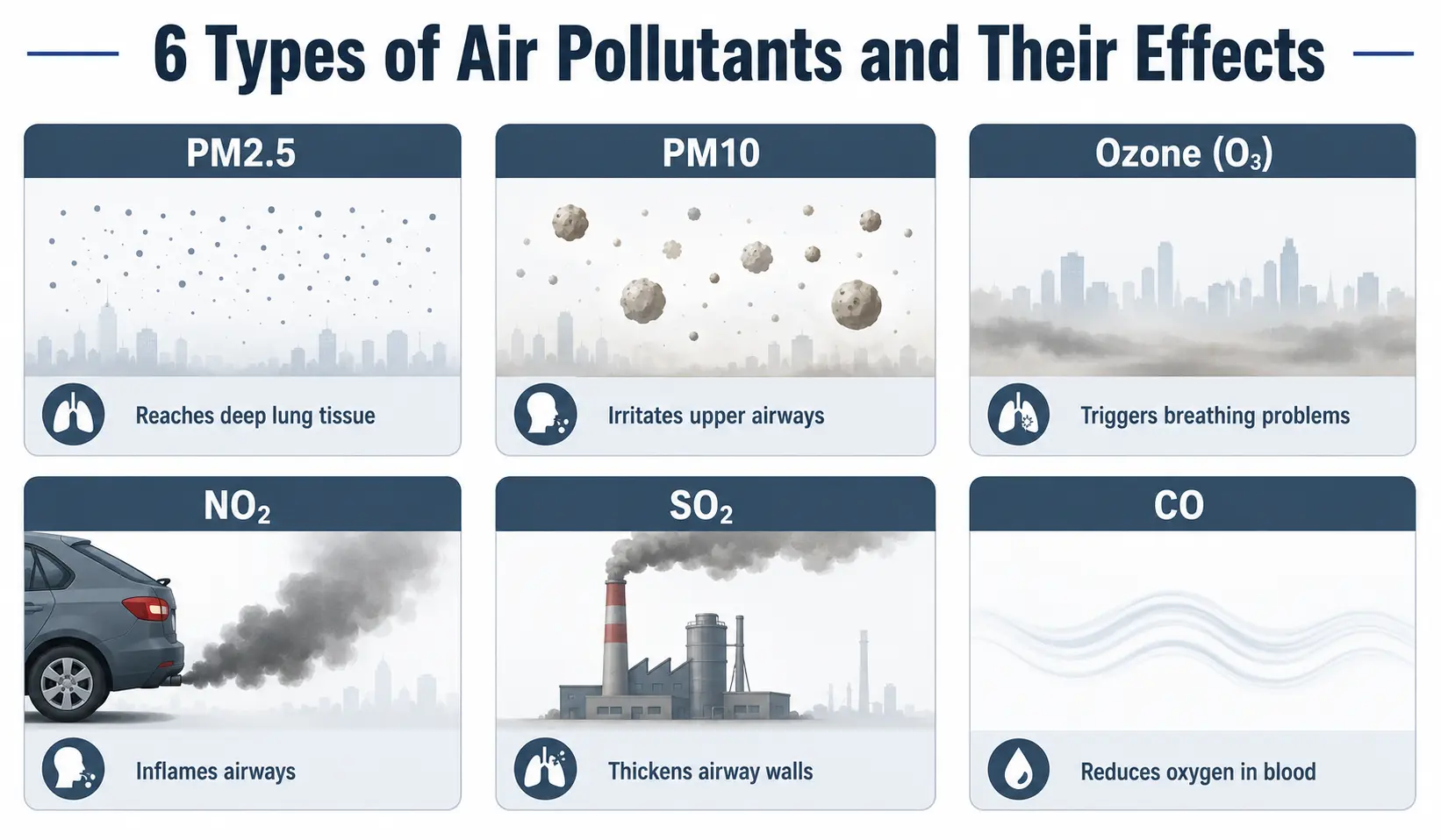 Types of air pollutants that damage lungs — PM2.5, PM10, Ozone, NO2, SO2, CO infographic