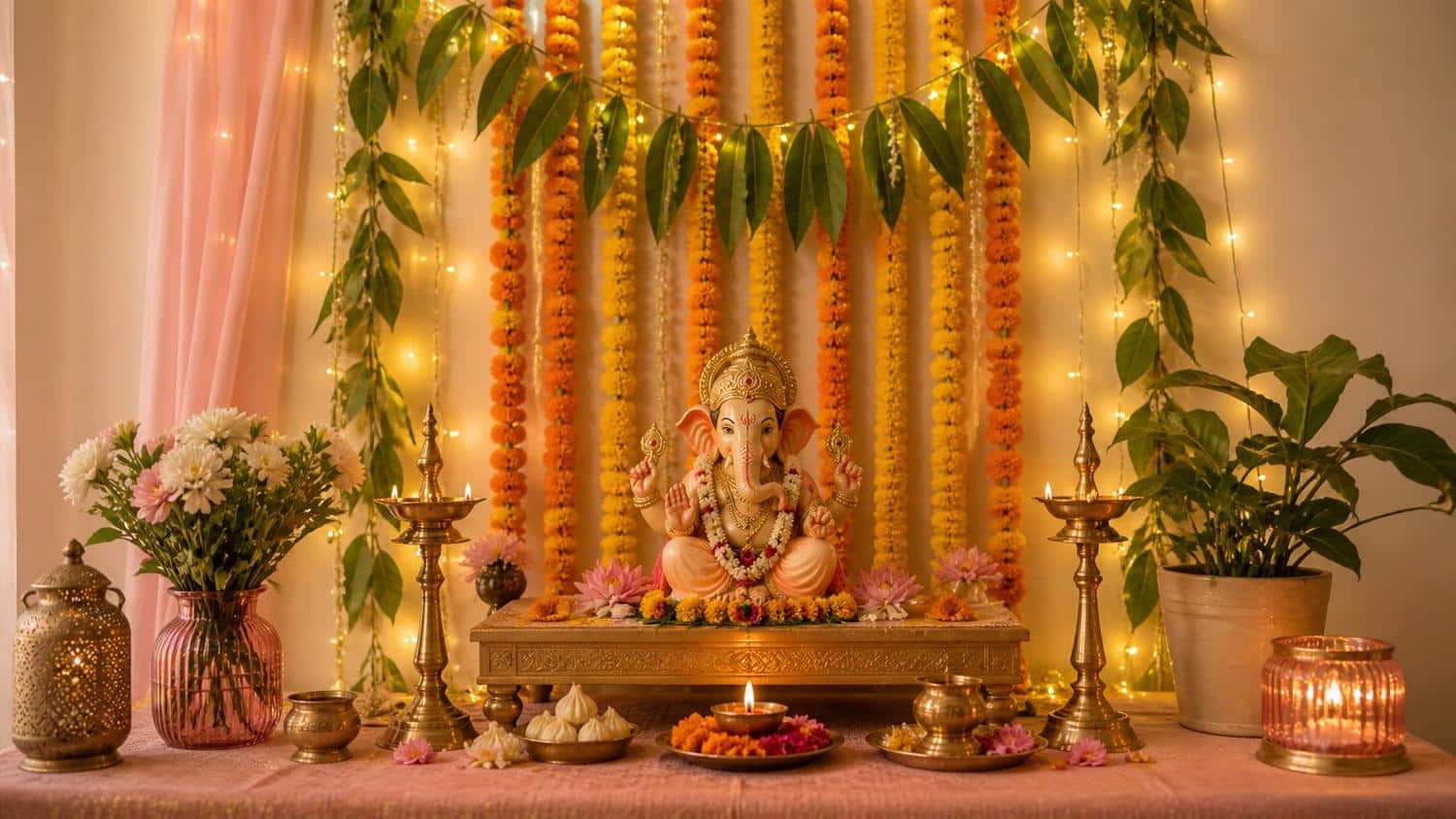 Aesthetic ganpati decoration at home 2026 with marigold backdrop brass diyas and pastel pink gold theme