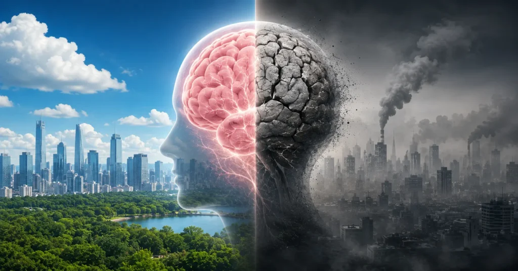 Air pollution and brain damage — comparison of healthy brain versus pollution-damaged brain against clean and polluted city backgrounds