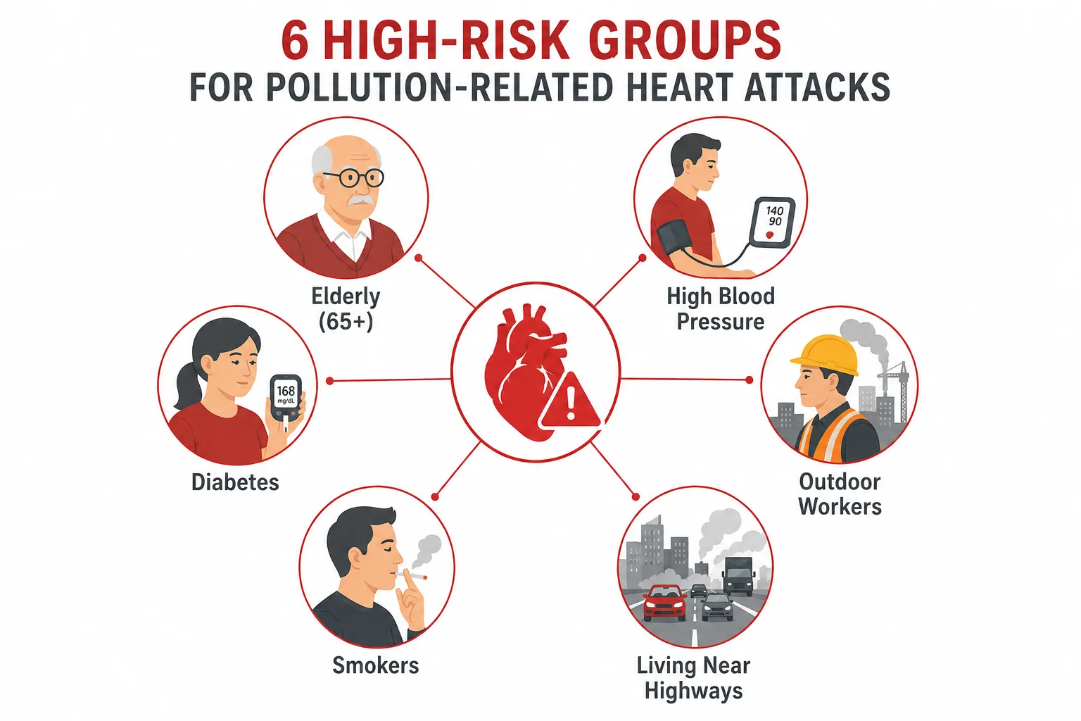 Infographic showing high risk groups for air pollution heart attack including elderly diabetics and outdoor workers