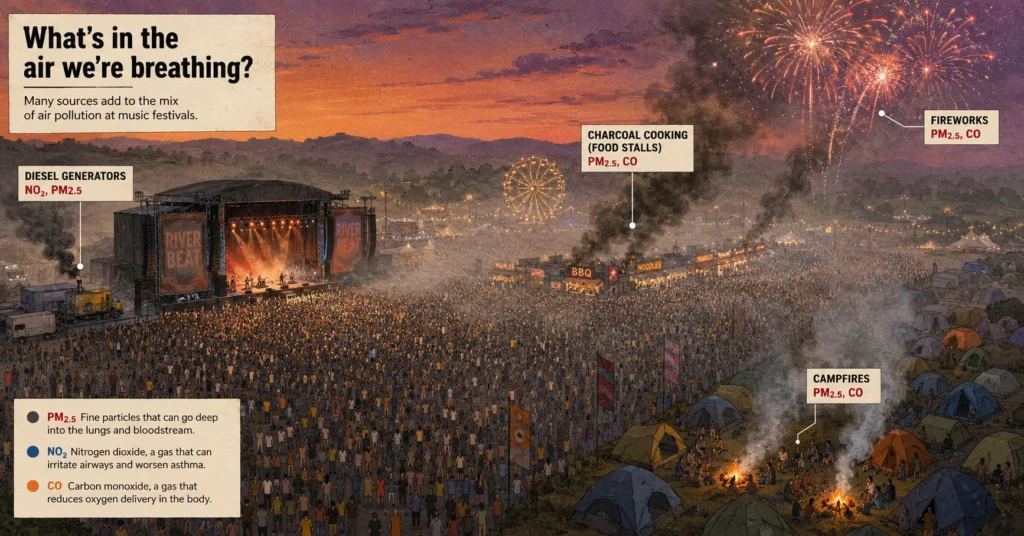 How Air Pollution Affects Outdoor Festivals - Aerial illustration of outdoor music festival showing air pollution sources including generator exhaust, campfire smoke, and fireworks with PM2.5 labels