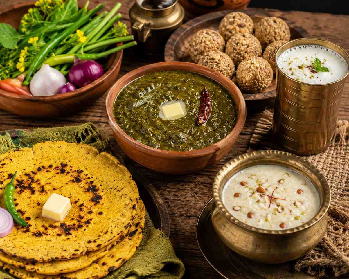 Traditional Baisakhi food including Makki di Roti, Sarson da Saag, Kheer and Lassi