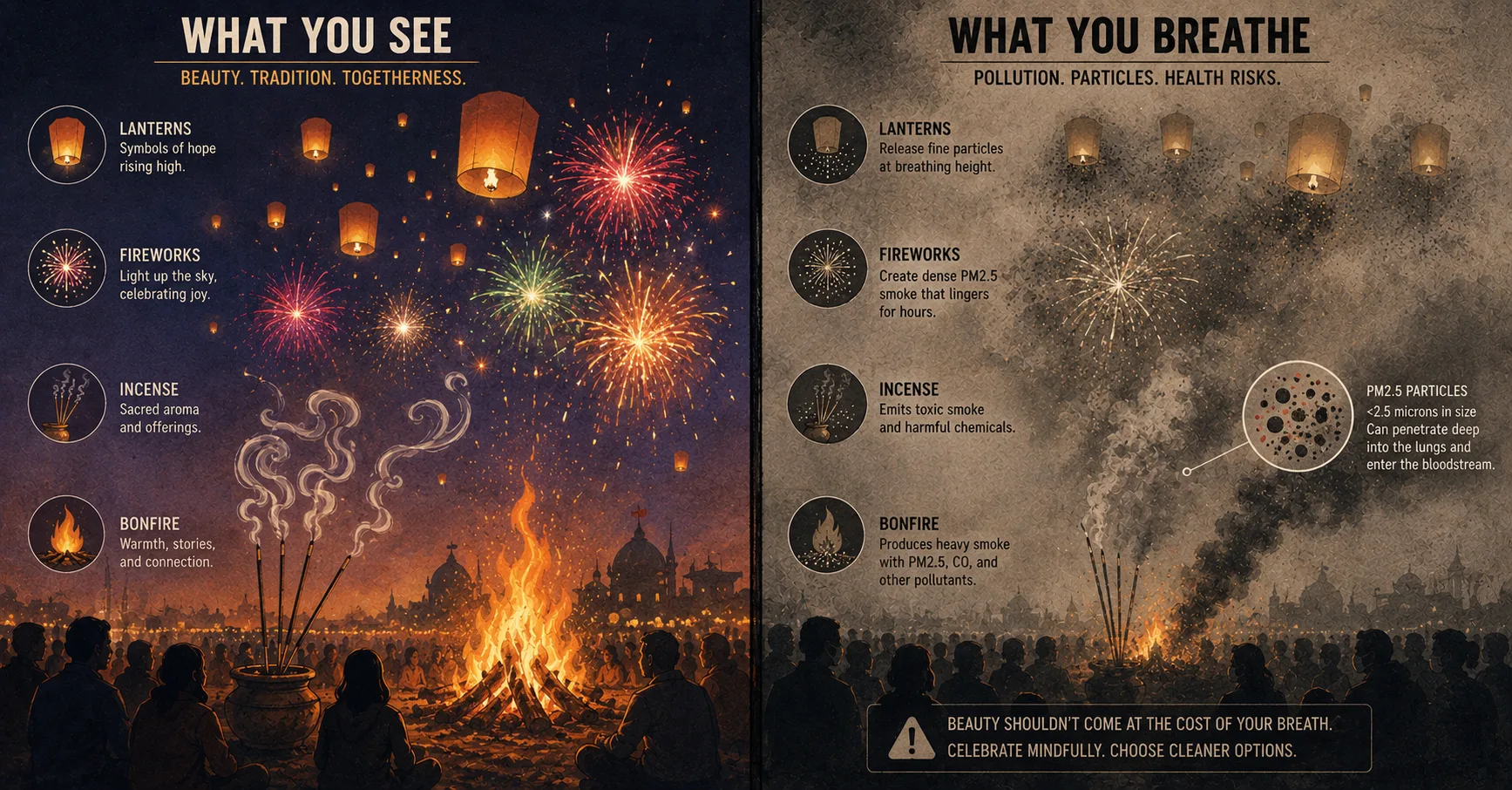 Split panel illustration comparing beautiful festival traditions like lanterns and fireworks with the air pollution and PM2.5 particles they actually release into crowds