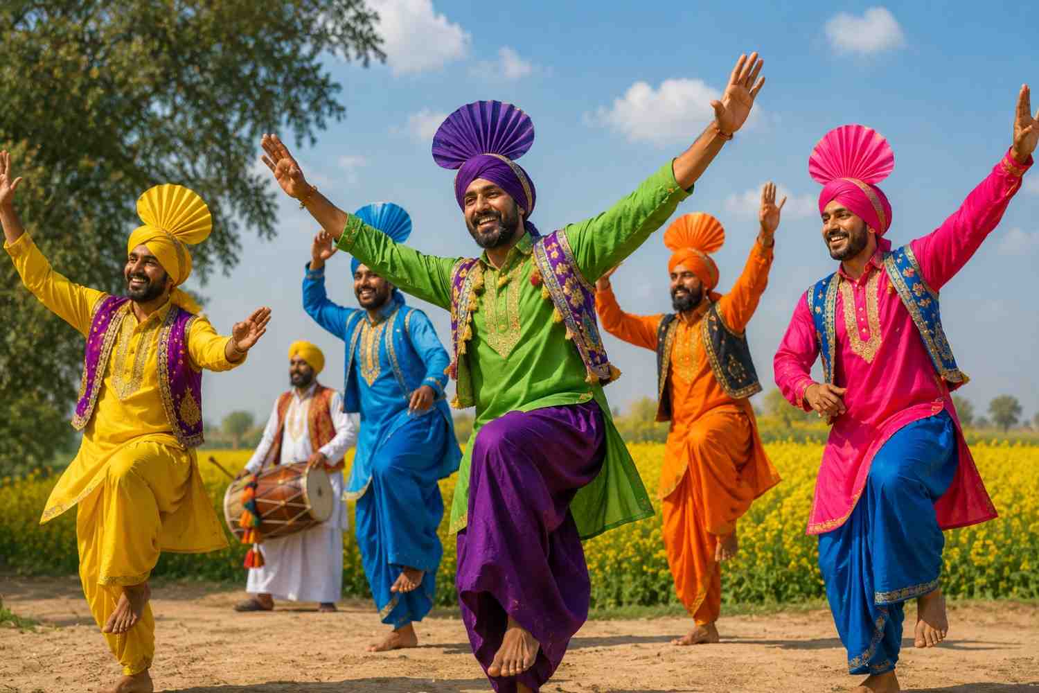 Punjabi men performing traditional Bhangra dance during Baisakhi festival