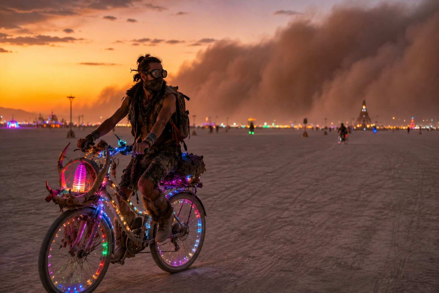First time Burning Man attendee riding decorated bicycle on Black Rock City playa with dust storm in background