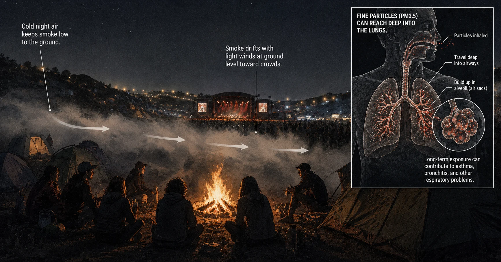Festival campfire smoke drifting low across crowd at night showing how wood smoke particles reach breathing level