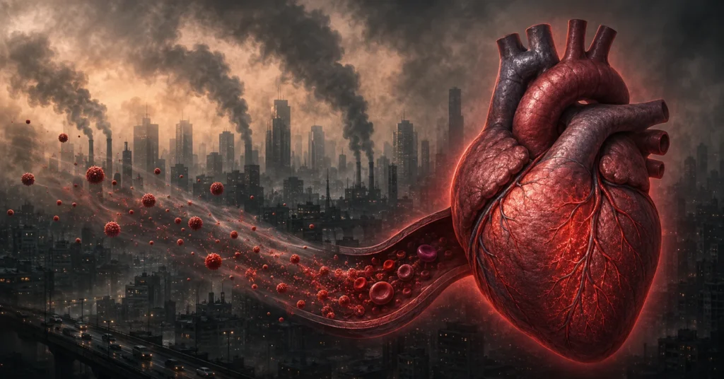 Can air pollution cause a heart attack - polluted city skyline with heart health warning