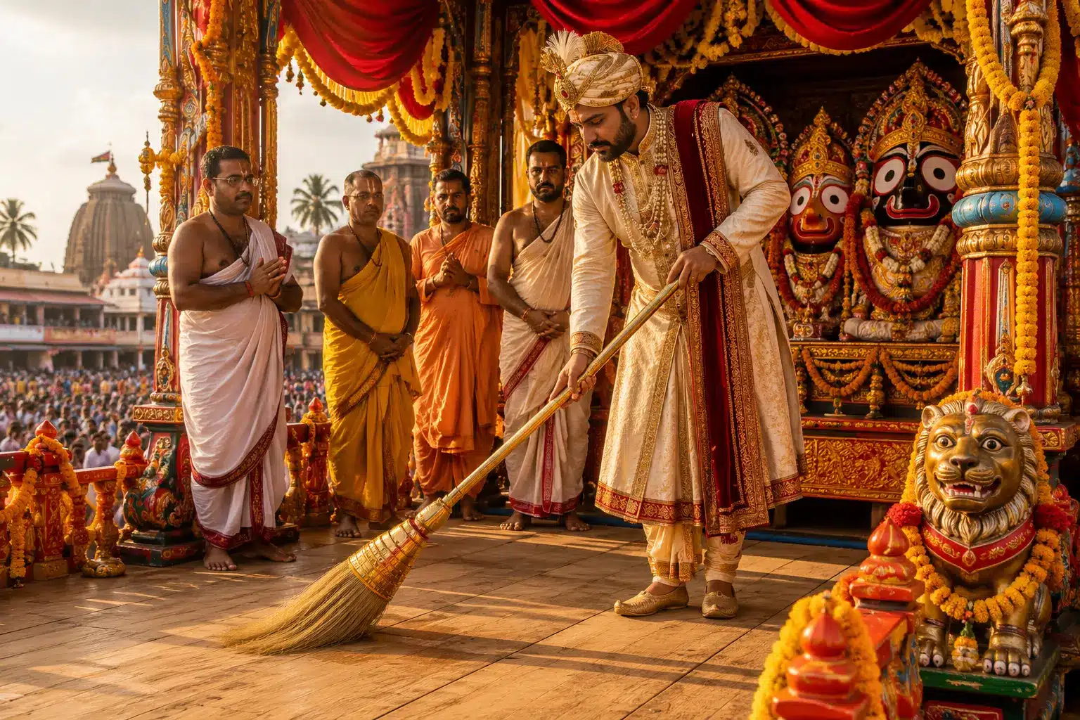 Chhera Pahara ritual - King of Puri sweeping Jagannath chariot with golden broom