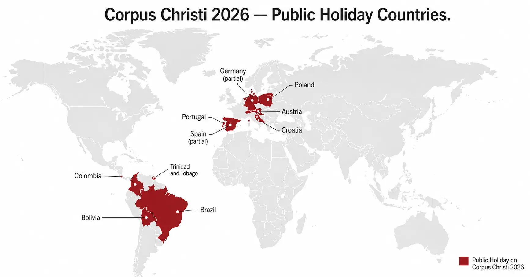 World map infographic showing countries where Corpus Christi is a public holiday in 2026 including Brazil Colombia Germany Poland and Austria