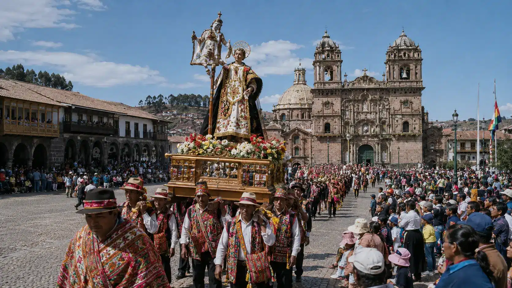 Corpus Christi procession in Cusco Peru with people in traditional Andean clothing carrying Catholic saint statue through the Plaza de Armas