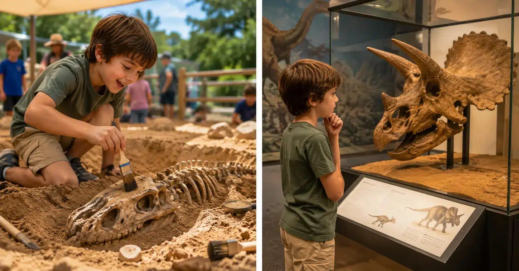Child excavating fossil at Dinofest dig pit on the left, examining real fossil display on the right — education vs entertainment