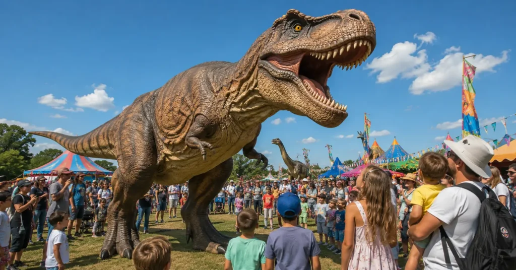 Families gathered around a life-size T-Rex animatronic at a Dinofest outdoor festival event