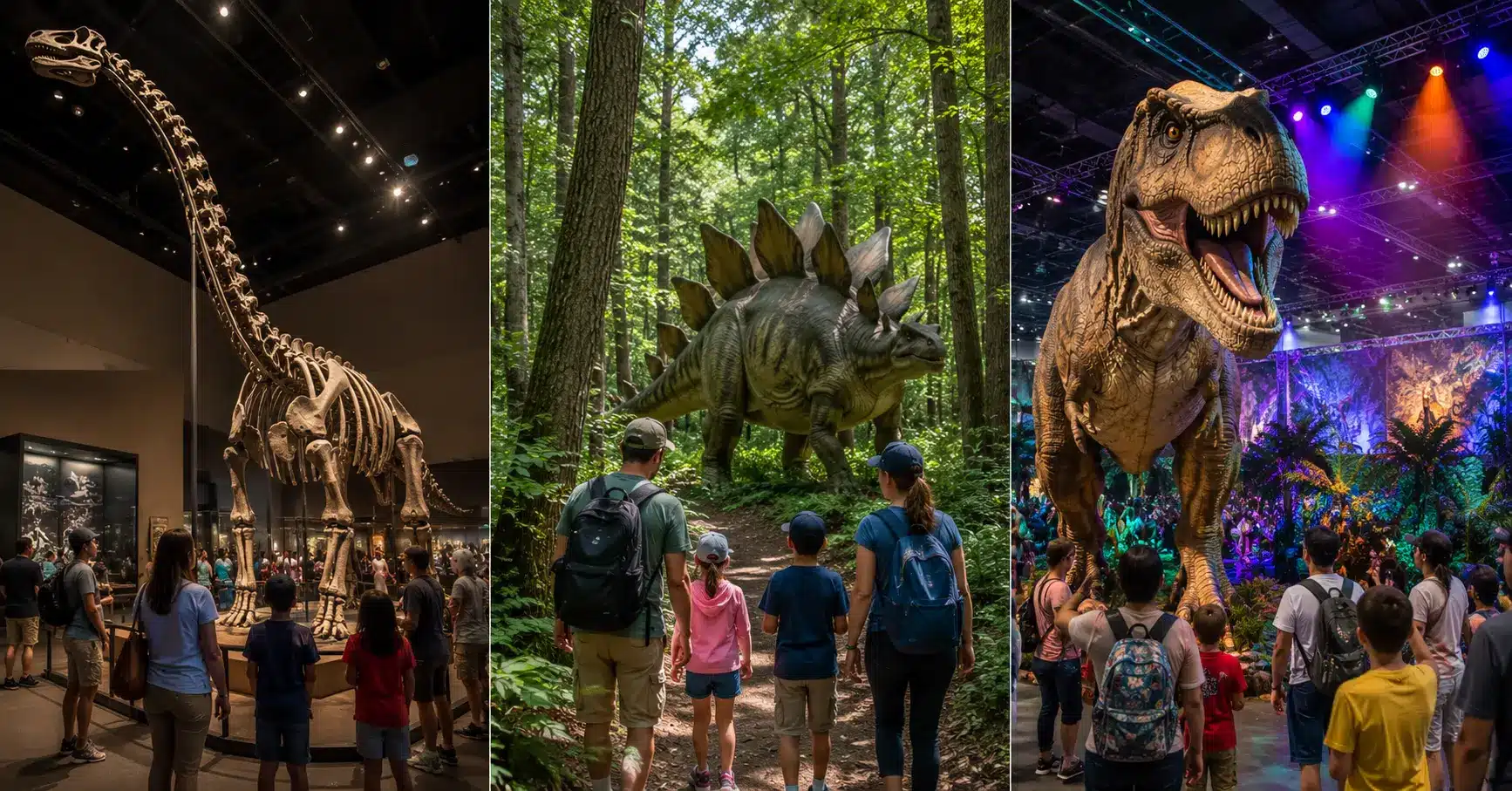 Three types of Dinofest experiences shown side by side — museum fossil hall, outdoor dinosaur forest trail, and indoor touring animatronic show