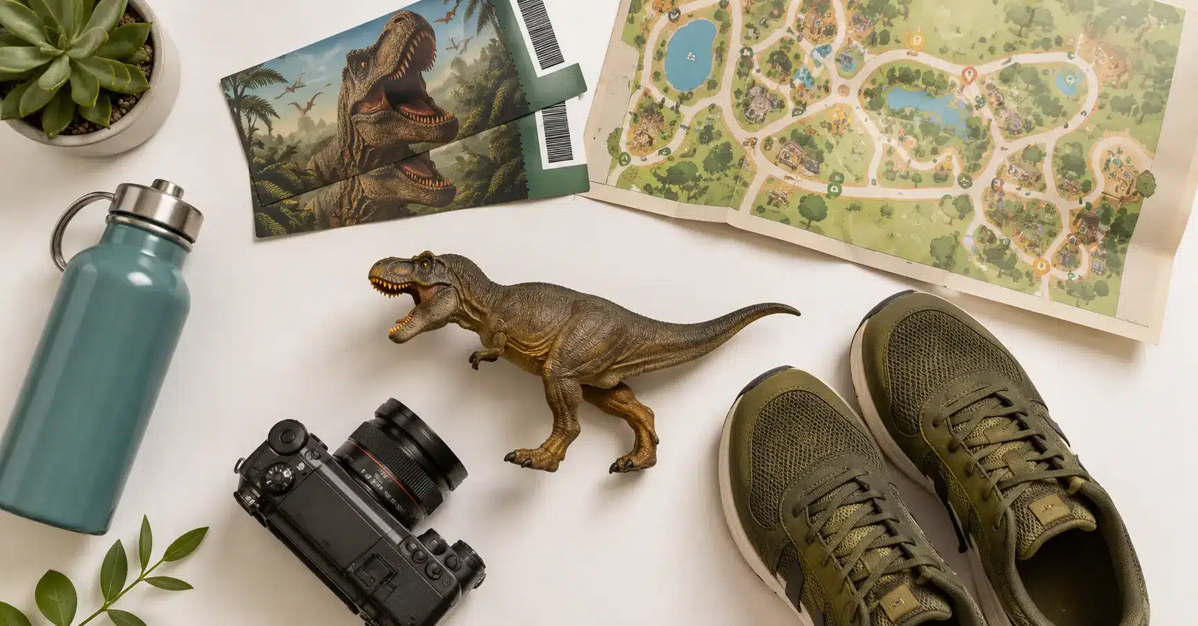 Dinofest visit planning essentials including tickets, map, water bottle, and dinosaur figurine laid out flat