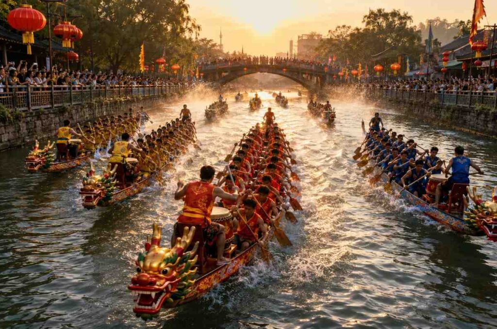 Dragon boat race on river during Dragon Boat Festival 2026 with colorful boats drummers and crowds on shore