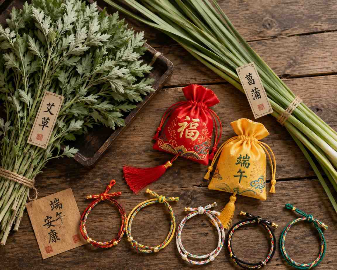 Traditional Dragon Boat Festival rituals mugwort bundles hanging on door and colorful fragrant sachets for children