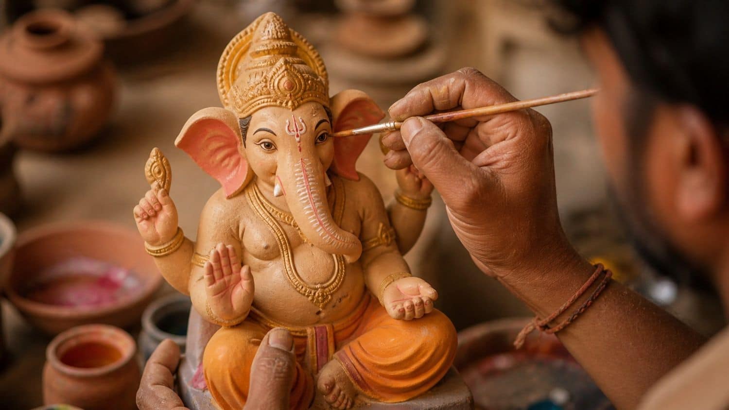Handcrafted eco-friendly Shadu clay Ganpati murti for Ganesh Chaturthi being painted with natural colors
