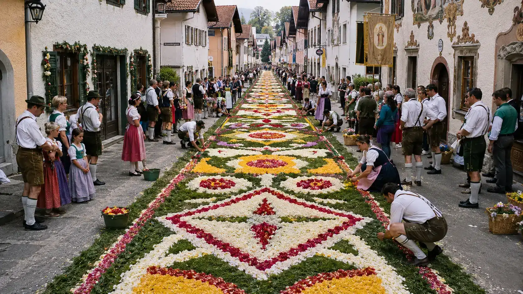  Traditional flower carpet on a cobblestone street in Germany for Corpus Christi Fronleichnam festival with people in Bavarian traditional clothing